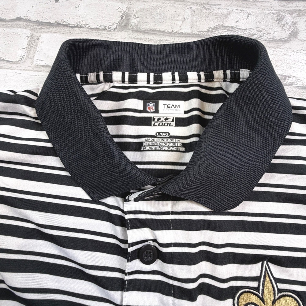 NFL Team Apparel Polo Mens L Black White Striped Saints Performance EUC - Picture 5 of 10